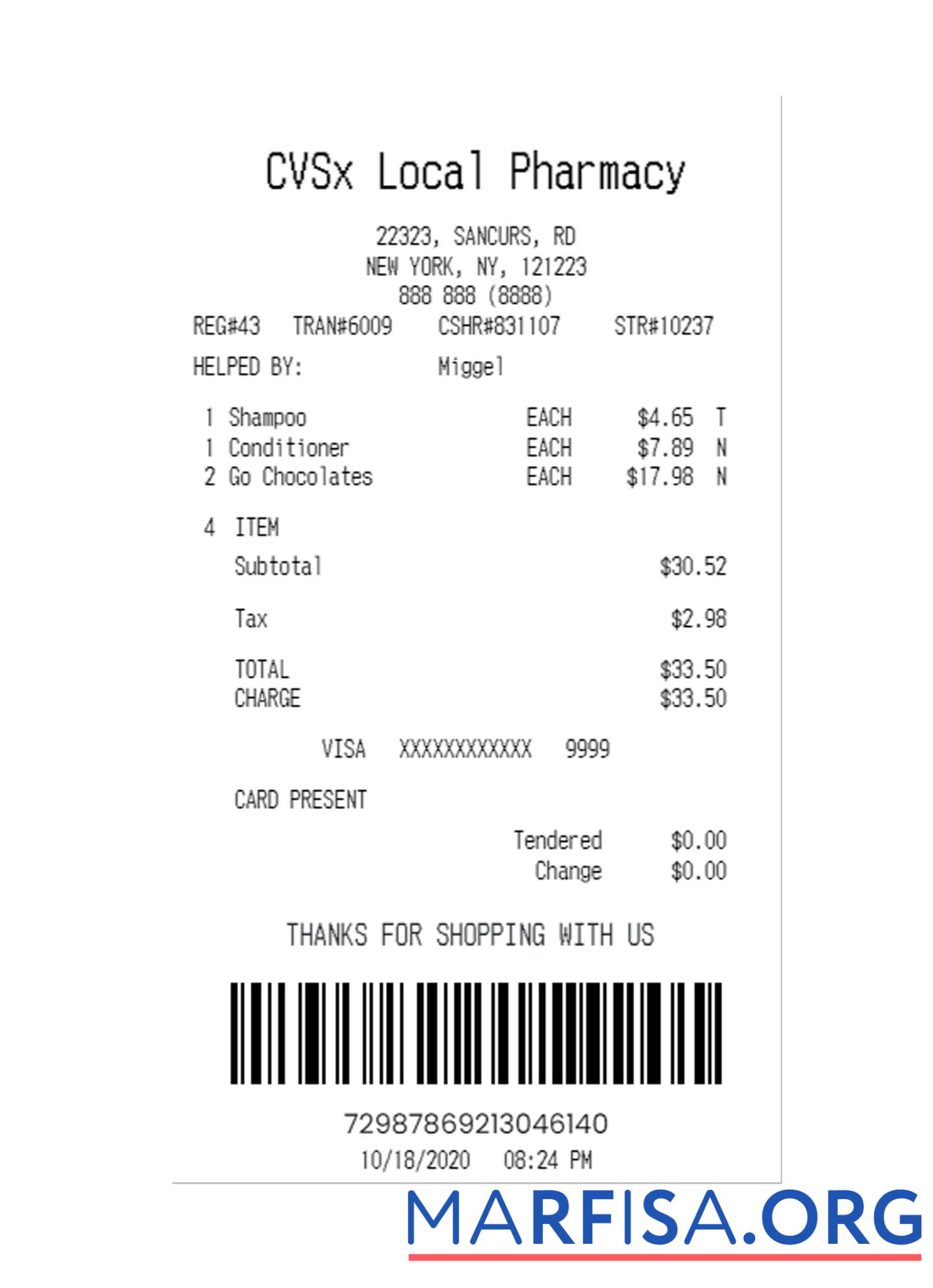 Realistic CVSx LOCAL PHARMACY payment receipt template